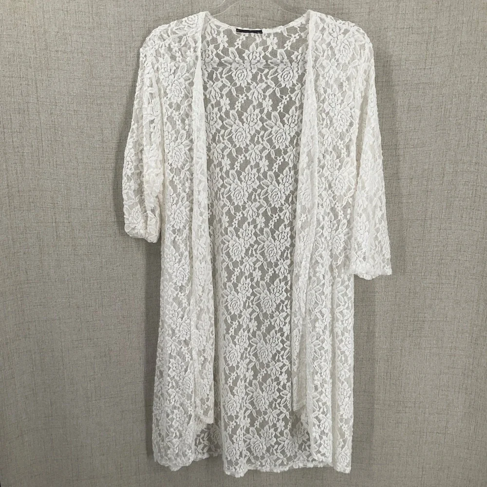 Lace Kimono Cardigan Women One Size White Floral Boho Sheer Cover Up‎ Resort